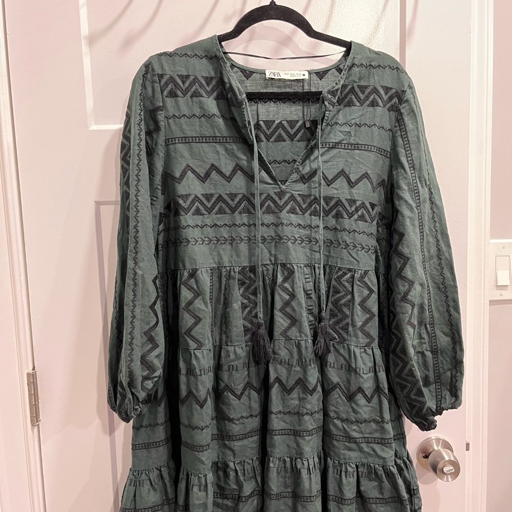 Zara Teal Geometric Long Sleeve Dress